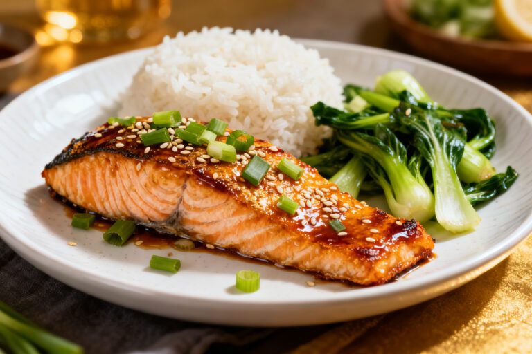 Air fryer Asian salmon with flaky tender salmon glazed in a savory Asian sauce, sesame seeds, green onions, steamed rice, and bok choy, served as an easy weeknight dinner.
