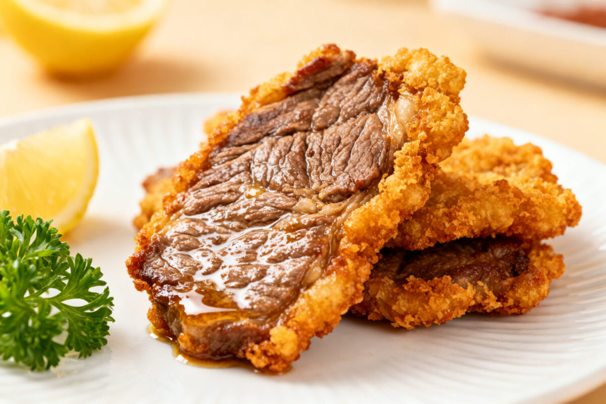 Air fryer crispy beef with a crunchy golden coating, juicy tender beef, fresh parsley, and lemon wedges, served as an easy high protein dinner or appetizer.