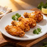Air fryer KFC fried chicken with crispy golden seasoned coating, juicy tender chicken drumsticks, fresh parsley, and lemon wedges, served as a homemade comfort food dinner.