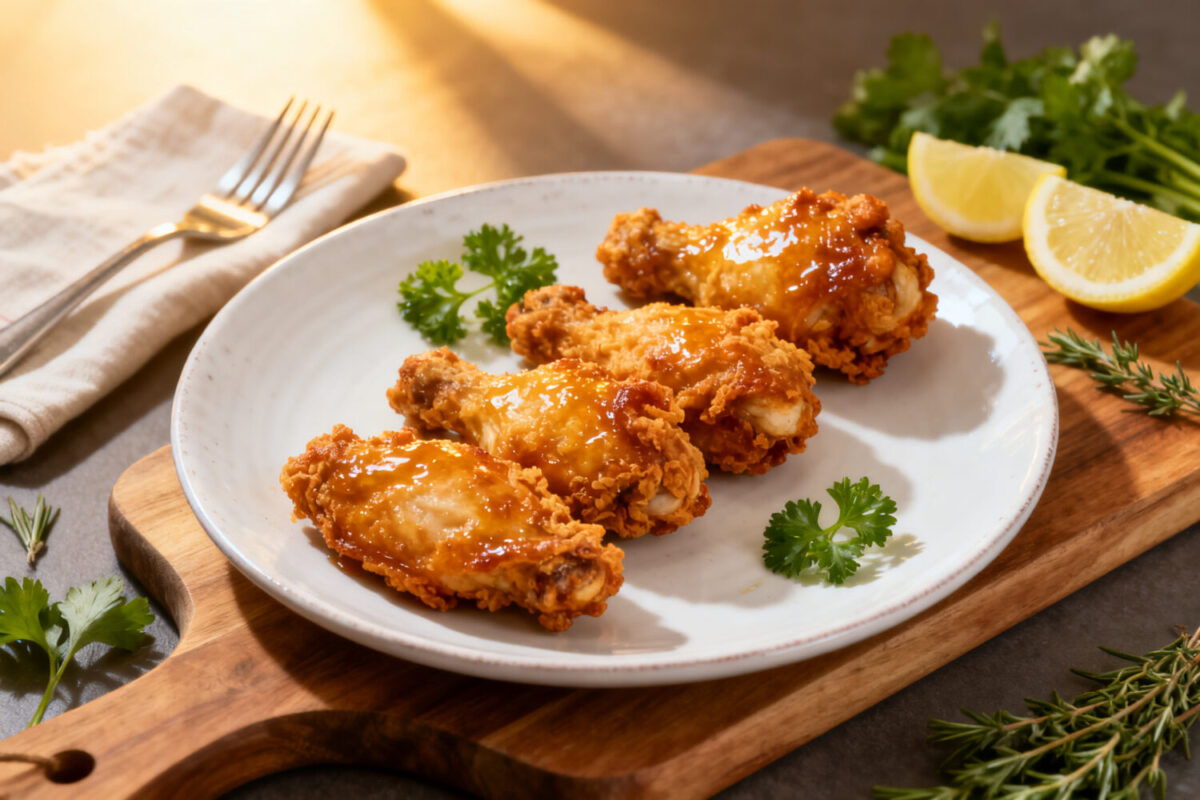 Air fryer KFC fried chicken with crispy golden seasoned coating, juicy tender chicken drumsticks, fresh parsley, and lemon wedges, served as a homemade comfort food dinner.