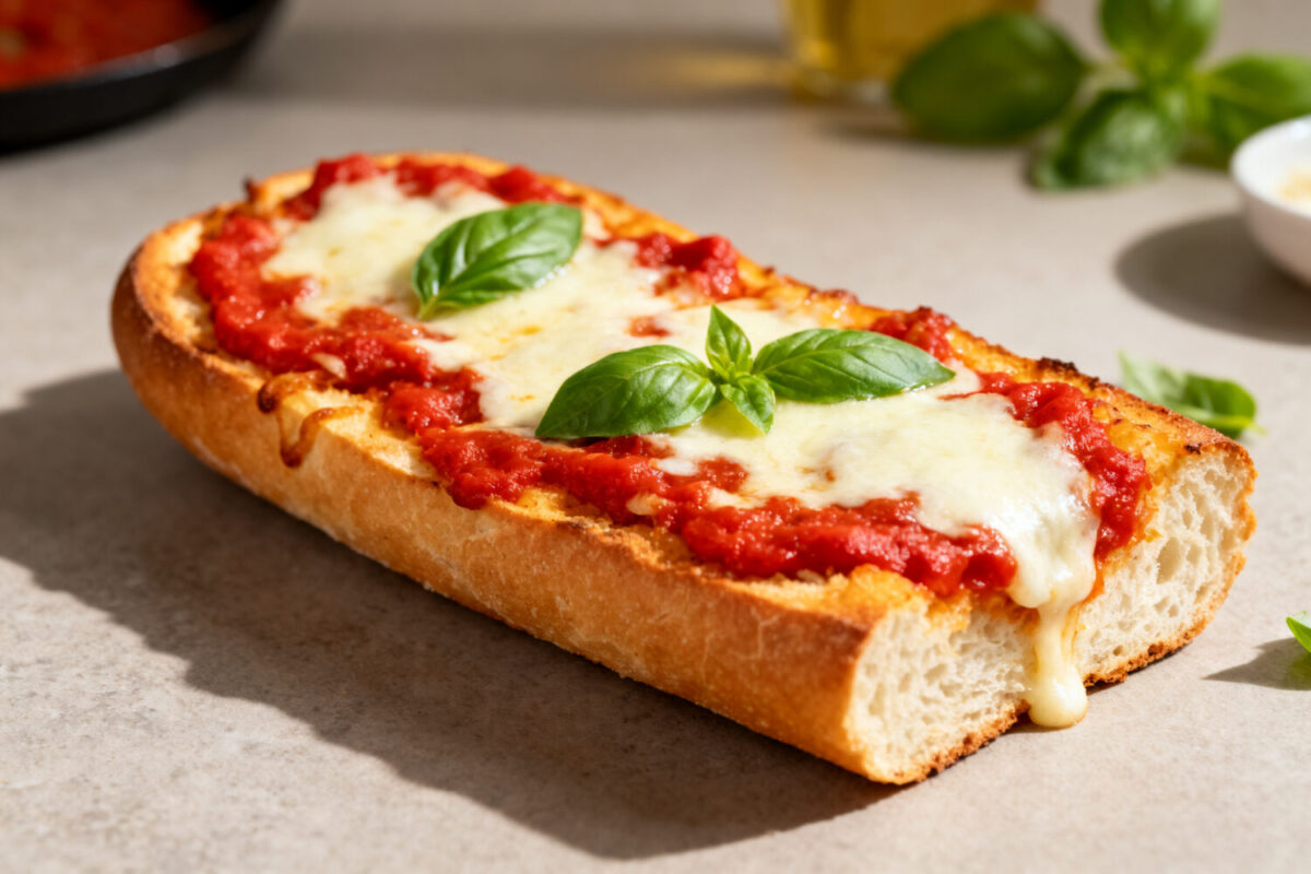 Air fryer French bread pizza with crispy toasted French bread, rich marinara sauce, gooey melted mozzarella cheese, and fresh basil, served as an easy homemade pizza.
