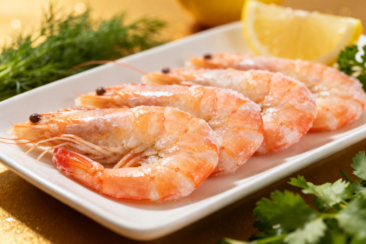 Air fryer frozen raw shrimp with juicy tender shrimp, simple seasoning, fresh herbs, lemon wedges, and coarse sea salt, served as an easy high protein seafood meal.