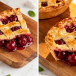 Air fryer cherry pie with a flaky golden lattice crust, sweet cherry filling, and fresh cherries, served as an easy homemade dessert.
