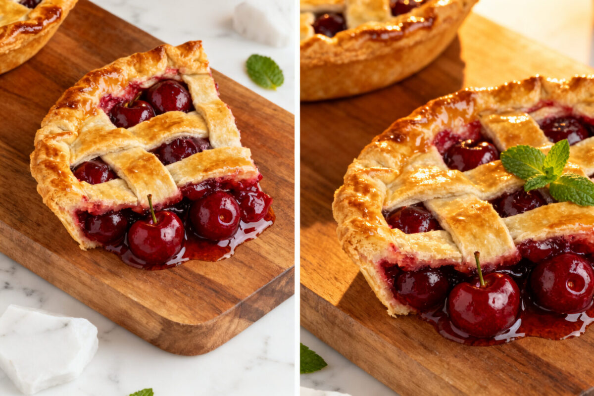 Air fryer cherry pie with a flaky golden lattice crust, sweet cherry filling, and fresh cherries, served as an easy homemade dessert.