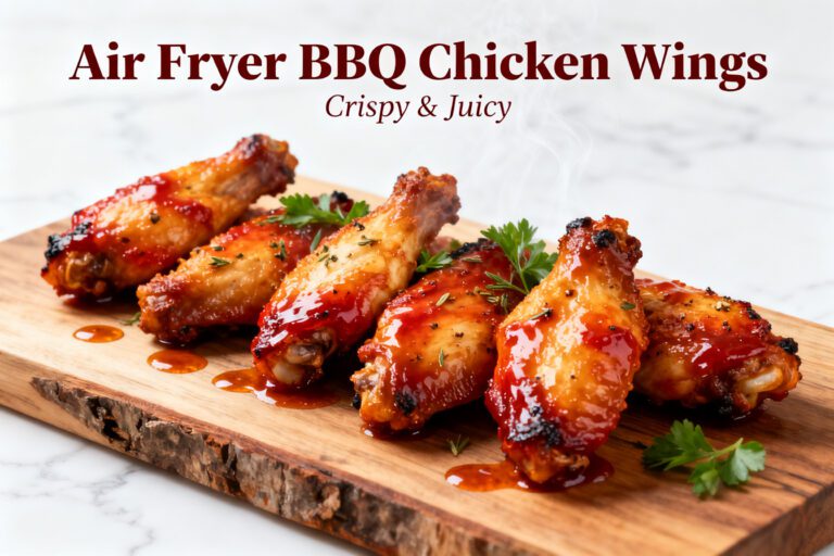 Air fryer BBQ chicken wings with crispy golden chicken wings coated in a glossy barbecue sauce, fresh parsley, and smoky caramelized edges, served as an easy game day appetizer.