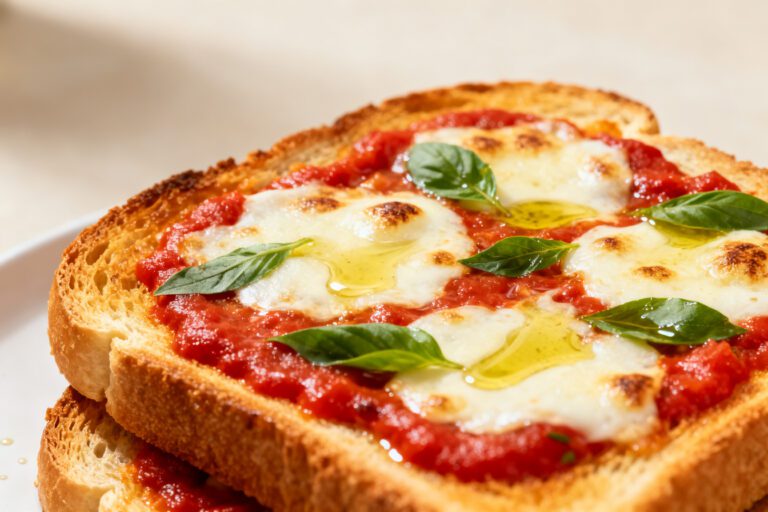 Air fryer pizza toast with crispy toasted bread, rich marinara sauce, gooey melted mozzarella cheese, fresh basil, and olive oil, served as an easy homemade lunch or snack.
