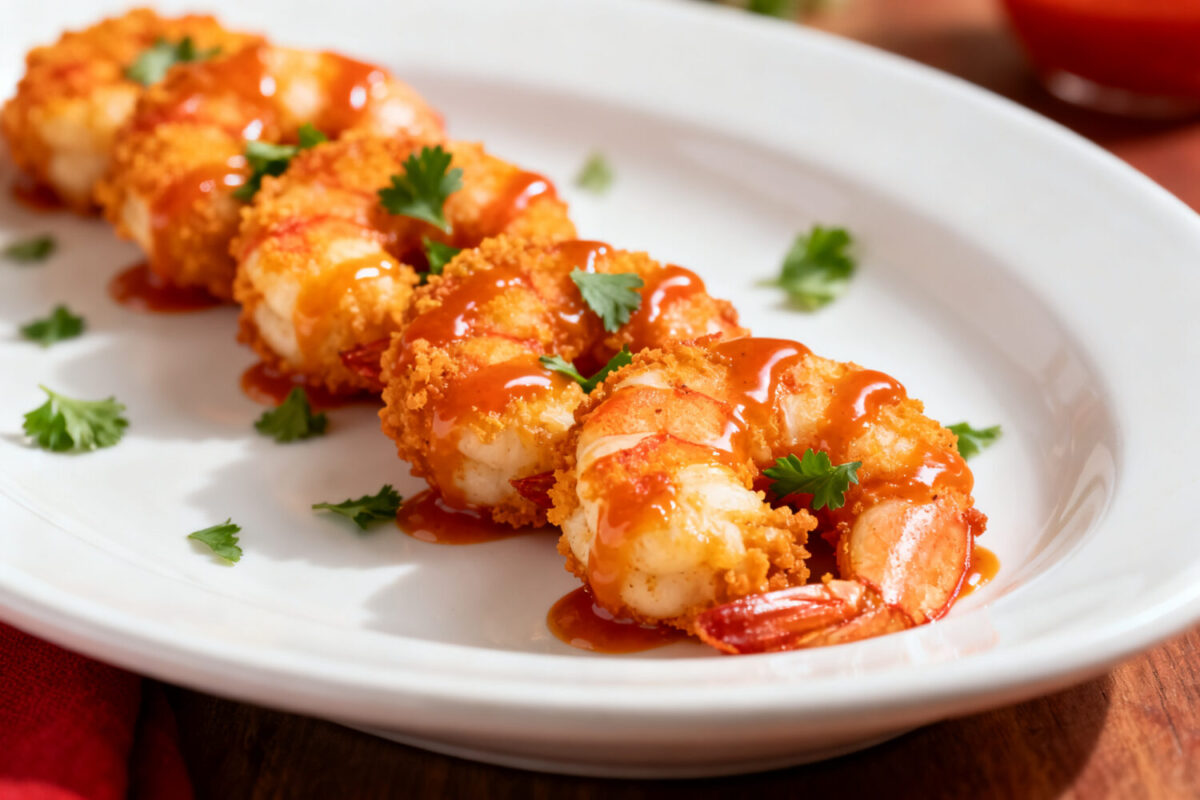 Air fryer buffalo shrimp with crispy golden shrimp coated in spicy buffalo sauce, fresh parsley, and a glossy finish, served as an easy seafood appetizer or weeknight dinner.