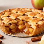 Air fryer apple pie with a flaky golden lattice crust, warm cinnamon apple filling, and tender baked apples, served as a cozy homemade dessert.