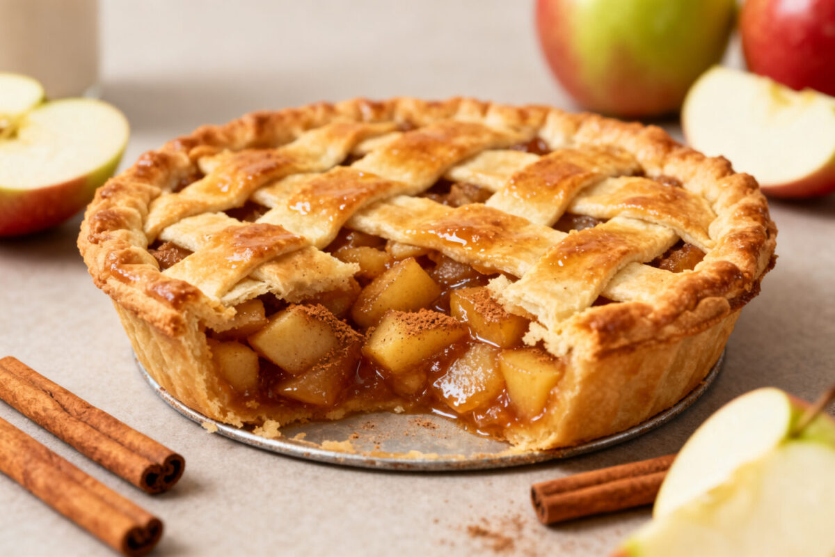 Air fryer apple pie with a flaky golden lattice crust, warm cinnamon apple filling, and tender baked apples, served as a cozy homemade dessert.