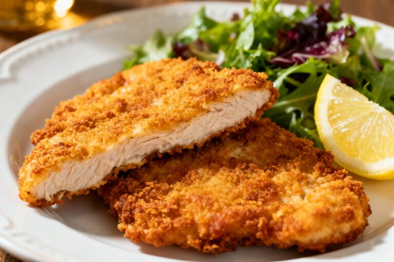 Air fryer chicken schnitzel with crispy golden panko breading, juicy tender chicken breast, fresh mixed greens, and lemon wedges, served as an easy comforting dinner.
