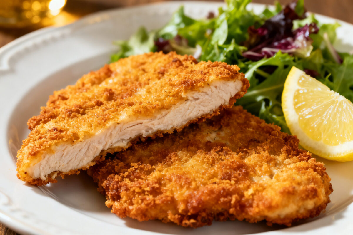 Air fryer chicken schnitzel with crispy golden panko breading, juicy tender chicken breast, fresh mixed greens, and lemon wedges, served as an easy comforting dinner.