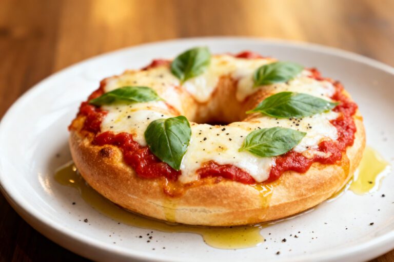 Air fryer bagel pizza with a crispy toasted bagel, rich marinara sauce, gooey melted mozzarella cheese, fresh basil, and olive oil, served as an easy homemade lunch or snack.