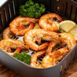 Healthy air fryer shrimp with juicy seasoned shrimp, fresh lemon wedges, parsley, and simple herbs, cooked with minimal oil in an air fryer basket for an easy high protein meal.