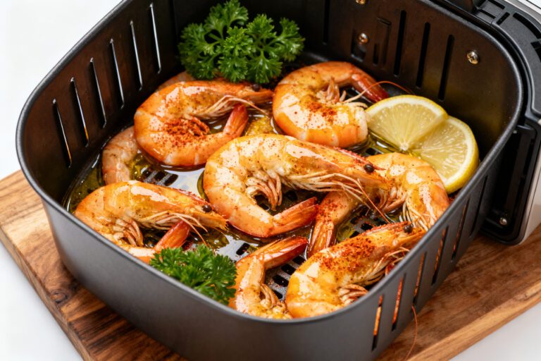 Healthy air fryer shrimp with juicy seasoned shrimp, fresh lemon wedges, parsley, and simple herbs, cooked with minimal oil in an air fryer basket for an easy high protein meal.