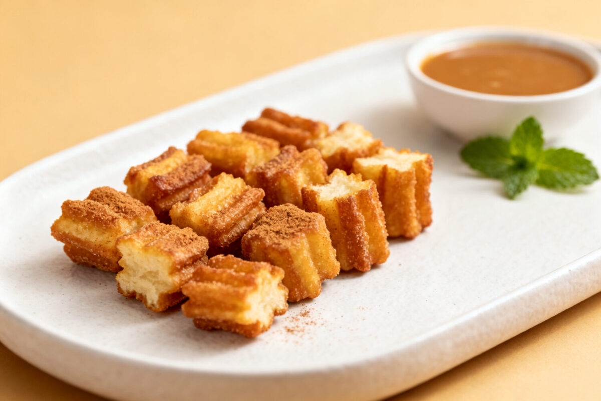 Air fryer churro bites with crispy golden churro pieces coated in cinnamon sugar, a soft fluffy interior, and caramel dipping sauce, served as an easy homemade dessert.