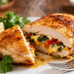 Air fryer stuffed chicken breast with juicy golden chicken, a cheesy spinach and vegetable filling, fresh parsley, lemon wedges, and savory pan juices, served as an easy weeknight dinner.