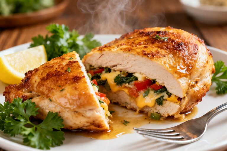 Air fryer stuffed chicken breast with juicy golden chicken, a cheesy spinach and vegetable filling, fresh parsley, lemon wedges, and savory pan juices, served as an easy weeknight dinner.