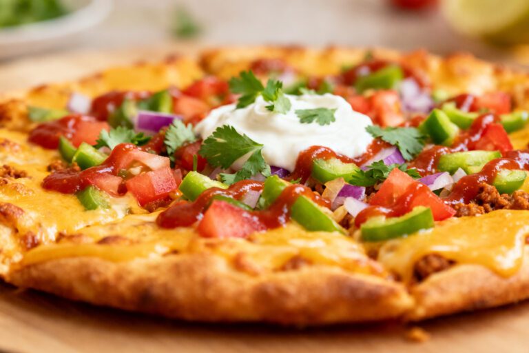Air fryer Mexican pizza with a crispy golden crust, seasoned taco beef, melted cheddar cheese, diced tomatoes, green peppers, red onions, sour cream, and fresh cilantro, served as an easy Tex Mex dinner.
