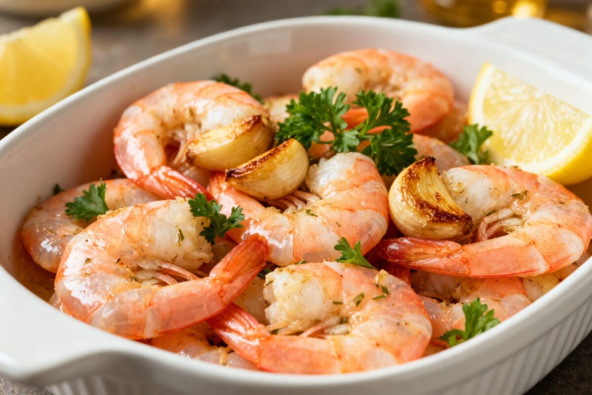 Air fryer garlic shrimp with juicy tender shrimp, roasted garlic cloves, fresh parsley, and lemon wedges, served as an easy high protein seafood dinner.