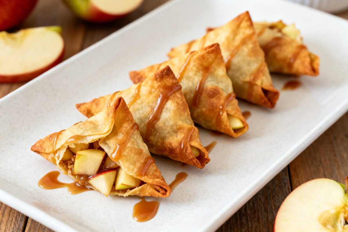 Air fryer caramel apple wontons with crispy golden wonton wrappers, warm cinnamon apples, rich caramel drizzle, and a flaky crunchy texture, served as an easy fall dessert.