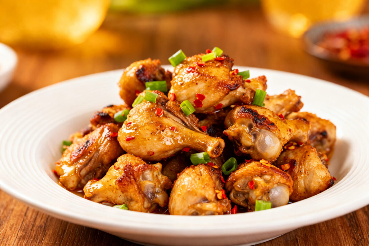 Air fryer chicken gizzards with crispy caramelized chicken gizzards, sliced green onions, red chili peppers, and savory seasoning, served as a flavorful high protein appetizer or main dish.