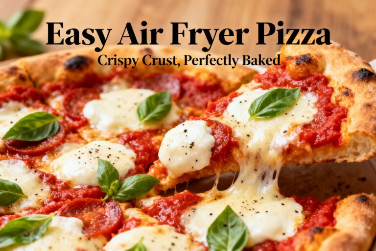 Easy air fryer pizza with a crispy golden crust, rich tomato sauce, melted mozzarella cheese, pepperoni, and fresh basil, served as a quick homemade family dinner.