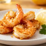Air fryer coconut shrimp with crispy golden coconut coating, juicy tender shrimp, lemon wedges, and fresh parsley, served as an easy seafood appetizer or weeknight dinner.