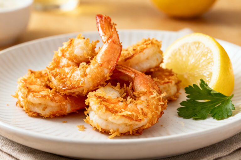 Air fryer coconut shrimp with crispy golden coconut coating, juicy tender shrimp, lemon wedges, and fresh parsley, served as an easy seafood appetizer or weeknight dinner.