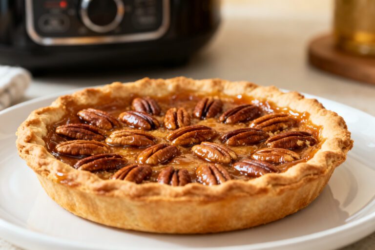 Air fryer pecan pie with a flaky golden pie crust, rich caramelized pecan filling, glossy whole pecans, and a buttery homemade crust, served as a classic holiday dessert.