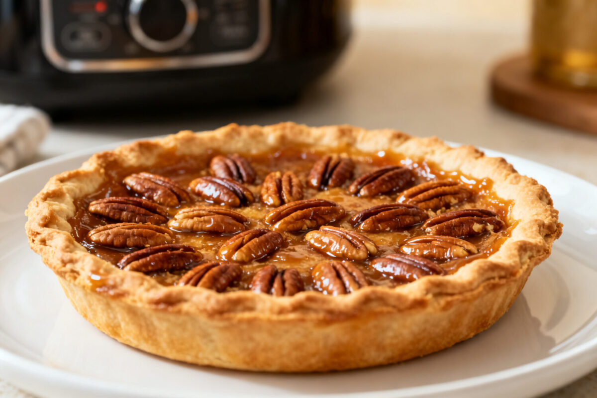 Air fryer pecan pie with a flaky golden pie crust, rich caramelized pecan filling, glossy whole pecans, and a buttery homemade crust, served as a classic holiday dessert.
