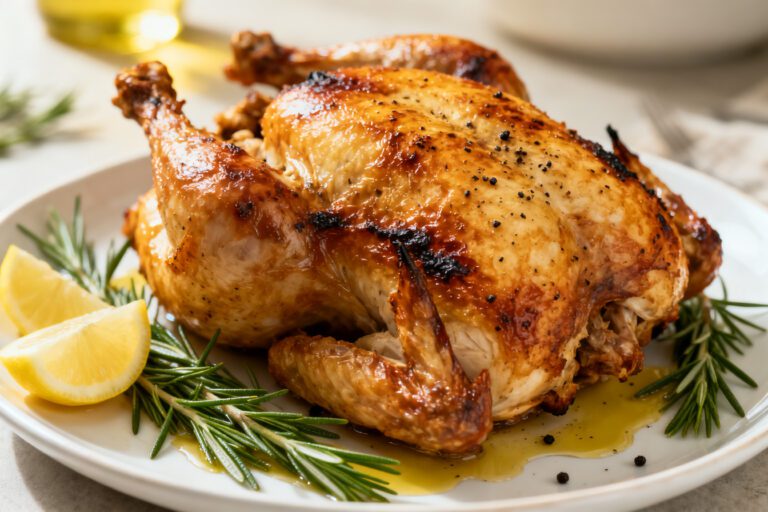 Air fryer whole chicken with crispy golden skin, juicy tender meat, fresh rosemary, lemon wedges, and savory pan juices, served as an easy family dinner.