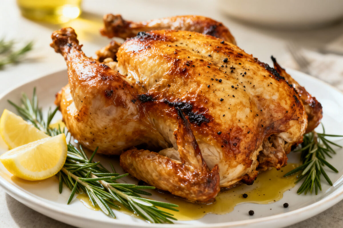 Air fryer whole chicken with crispy golden skin, juicy tender meat, fresh rosemary, lemon wedges, and savory pan juices, served as an easy family dinner.