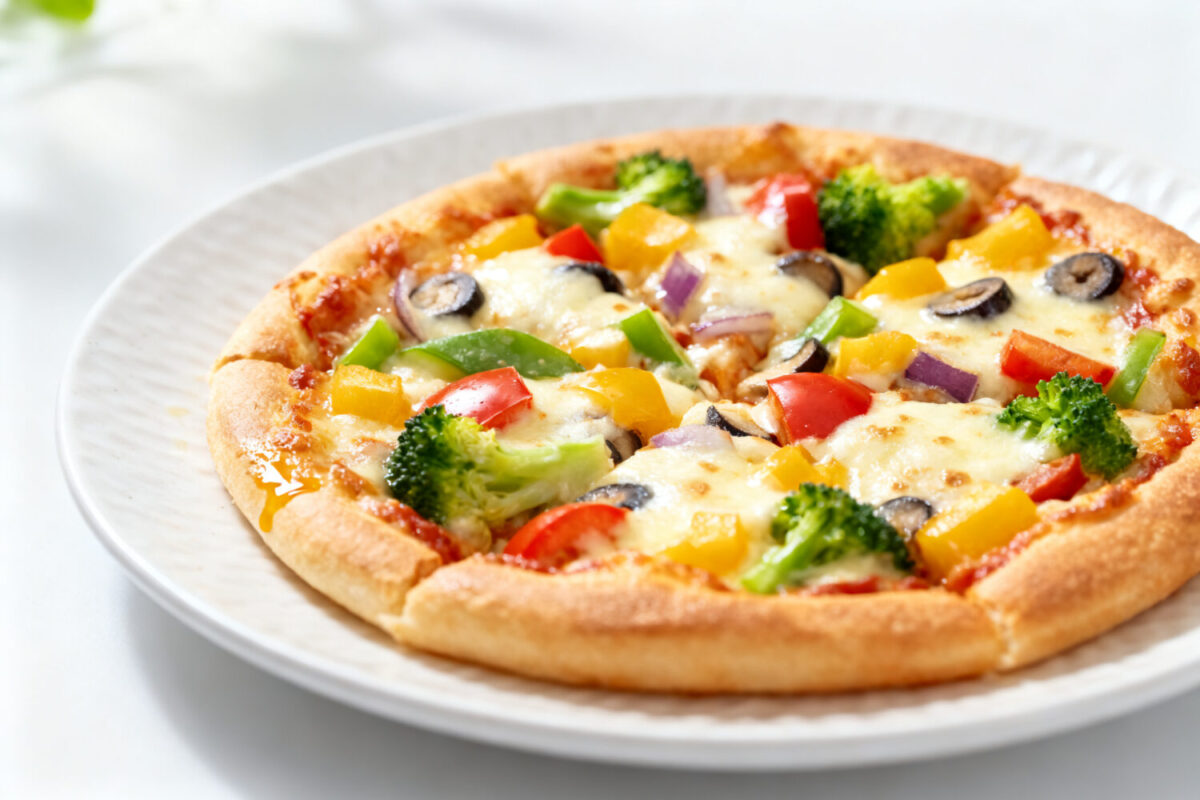 Healthy air fryer pizza with a crispy whole wheat crust, melted mozzarella cheese, broccoli, bell peppers, mushrooms, onions, and tomatoes, served as a wholesome homemade meal.