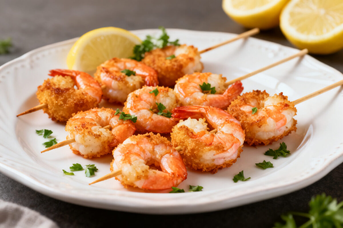 Air fryer shrimp skewers with juicy seasoned shrimp, lightly crispy edges, fresh parsley, and lemon wedges, served as an easy high protein seafood dinner.