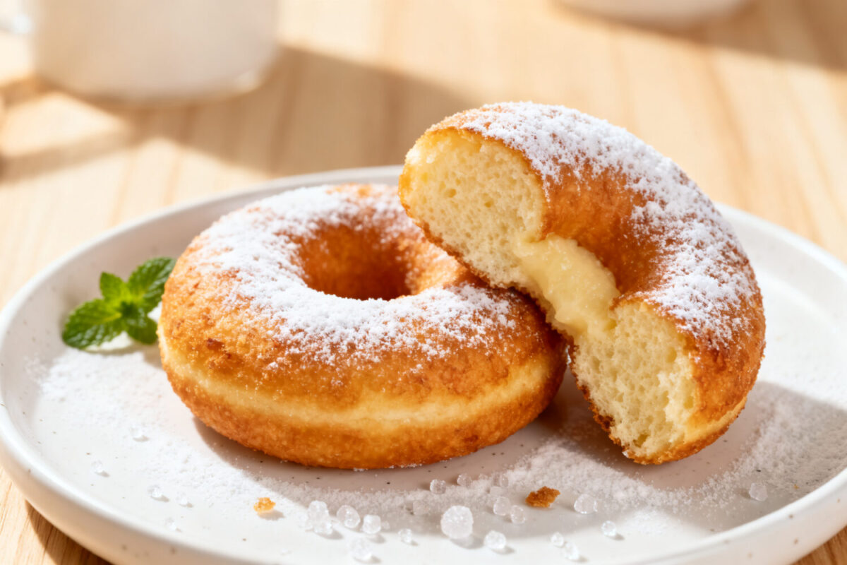 Air fryer mochi donut with a chewy soft interior, lightly golden exterior, powdered sugar, and a light fluffy texture, served as an easy homemade dessert.