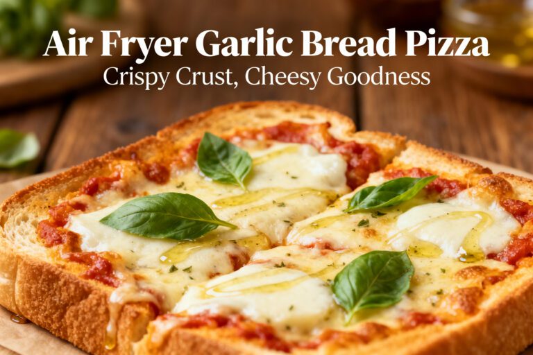 Air fryer garlic bread pizza with crispy toasted garlic bread, rich marinara sauce, gooey melted mozzarella cheese, fresh basil, and olive oil, served as an easy homemade meal.