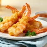 Air fryer tempura shrimp with a light crispy golden tempura coating, juicy tender shrimp, fresh parsley, and dipping sauce, served as an easy seafood appetizer.