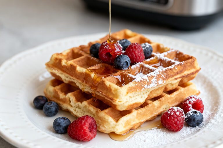 Air fryer waffles with crispy golden edges, fluffy interiors, fresh raspberries, blueberries, powdered sugar, and maple syrup, served as an easy homemade breakfast.