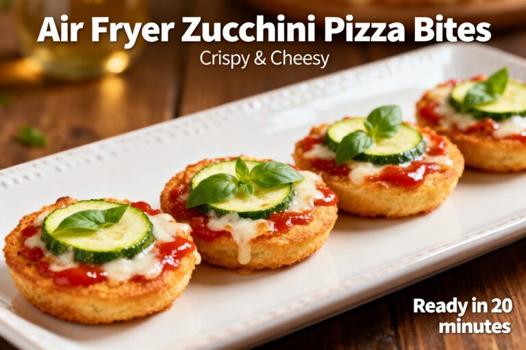 Air fryer zucchini pizza bites with tender zucchini rounds, rich marinara sauce, gooey melted mozzarella cheese, fresh basil, and zucchini slices, served as a healthy low carb snack.