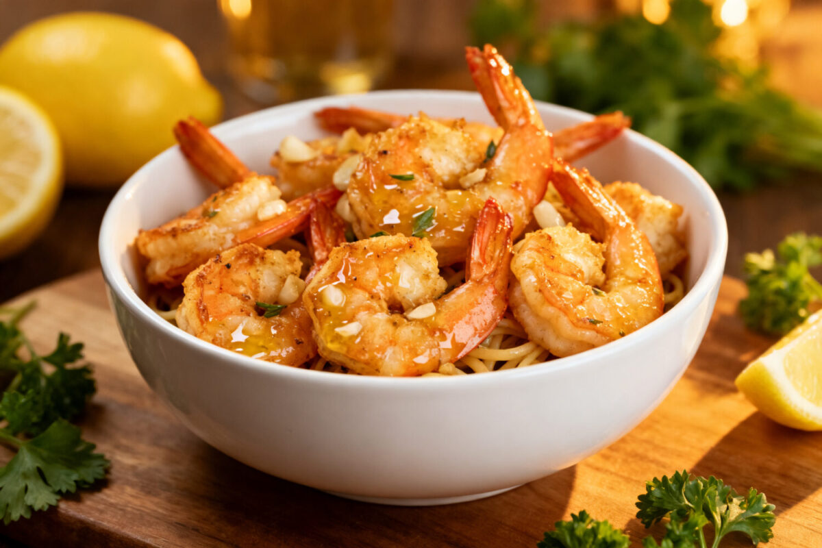 Air fryer shrimp scampi with juicy garlic butter shrimp served over pasta, fresh parsley, minced garlic, and lemon wedges, served as an easy seafood dinner.