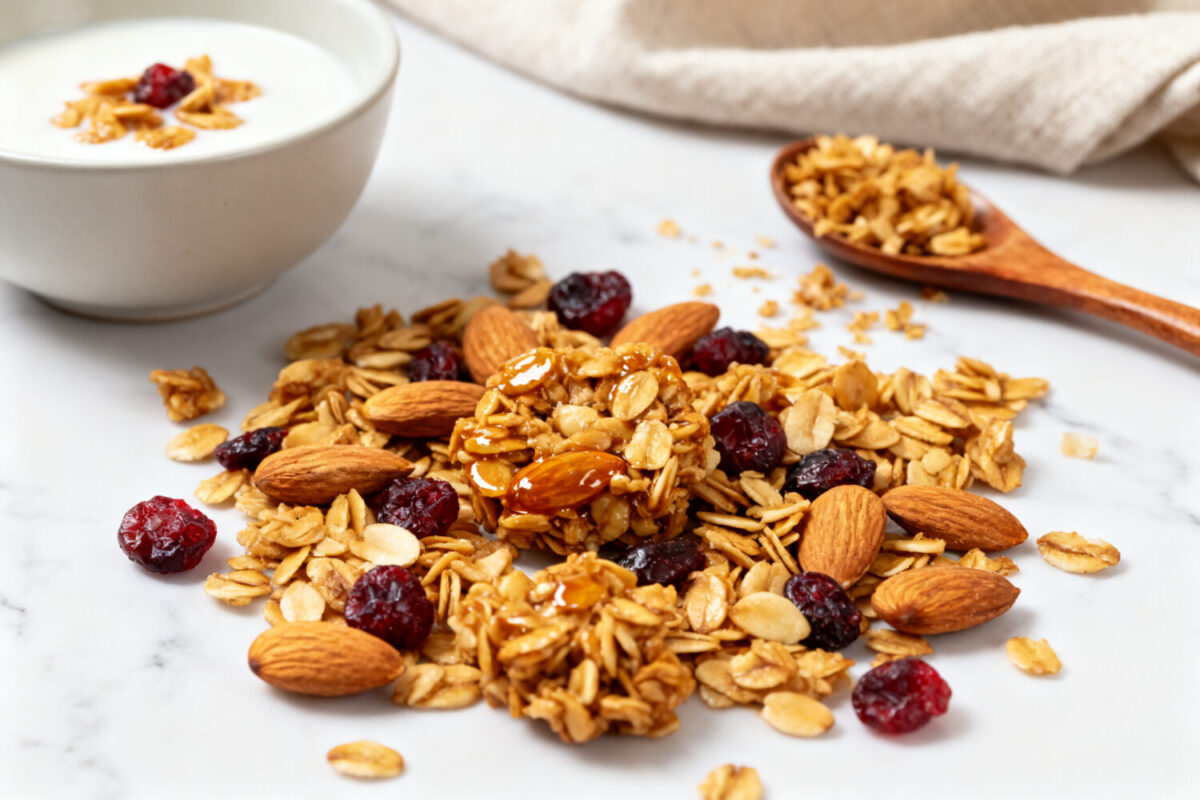 Air fryer homemade granola with toasted rolled oats, crunchy almonds, dried cranberries, and golden clusters, served as an easy healthy breakfast or snack.