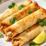Air fryer chicken flautas with crispy golden tortillas, seasoned shredded chicken filling, fresh cilantro, and lime wedges, served as an easy Tex Mex appetizer or dinner.