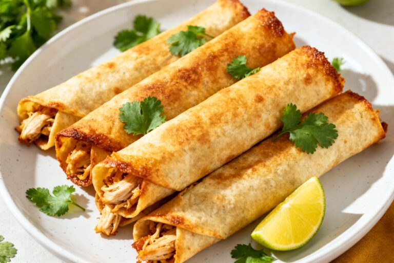 Air fryer chicken flautas with crispy golden tortillas, seasoned shredded chicken filling, fresh cilantro, and lime wedges, served as an easy Tex Mex appetizer or dinner.