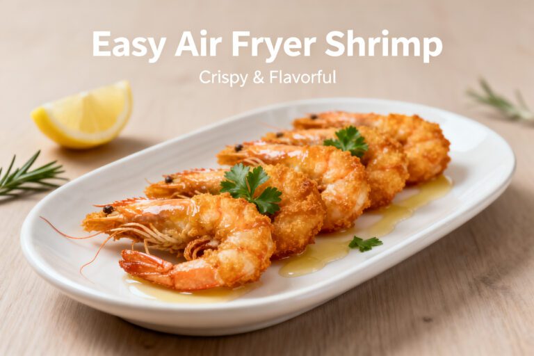 Easy air fryer shrimp with juicy tender shrimp, lightly seasoned crispy edges, fresh parsley, lemon wedges, and buttery pan juices, served as an easy high protein seafood meal.