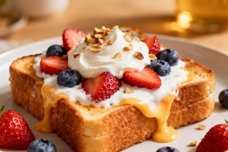 Air fryer yogurt toast with creamy yogurt filling, fresh strawberries, blueberries, crunchy granola, and honey on crispy golden toast, served as an easy homemade breakfast.