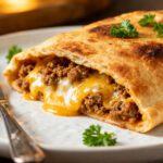 Air fryer ground chicken calzone with a crispy golden crust, seasoned ground chicken, gooey melted cheddar cheese, and fresh parsley, served as an easy homemade dinner.
