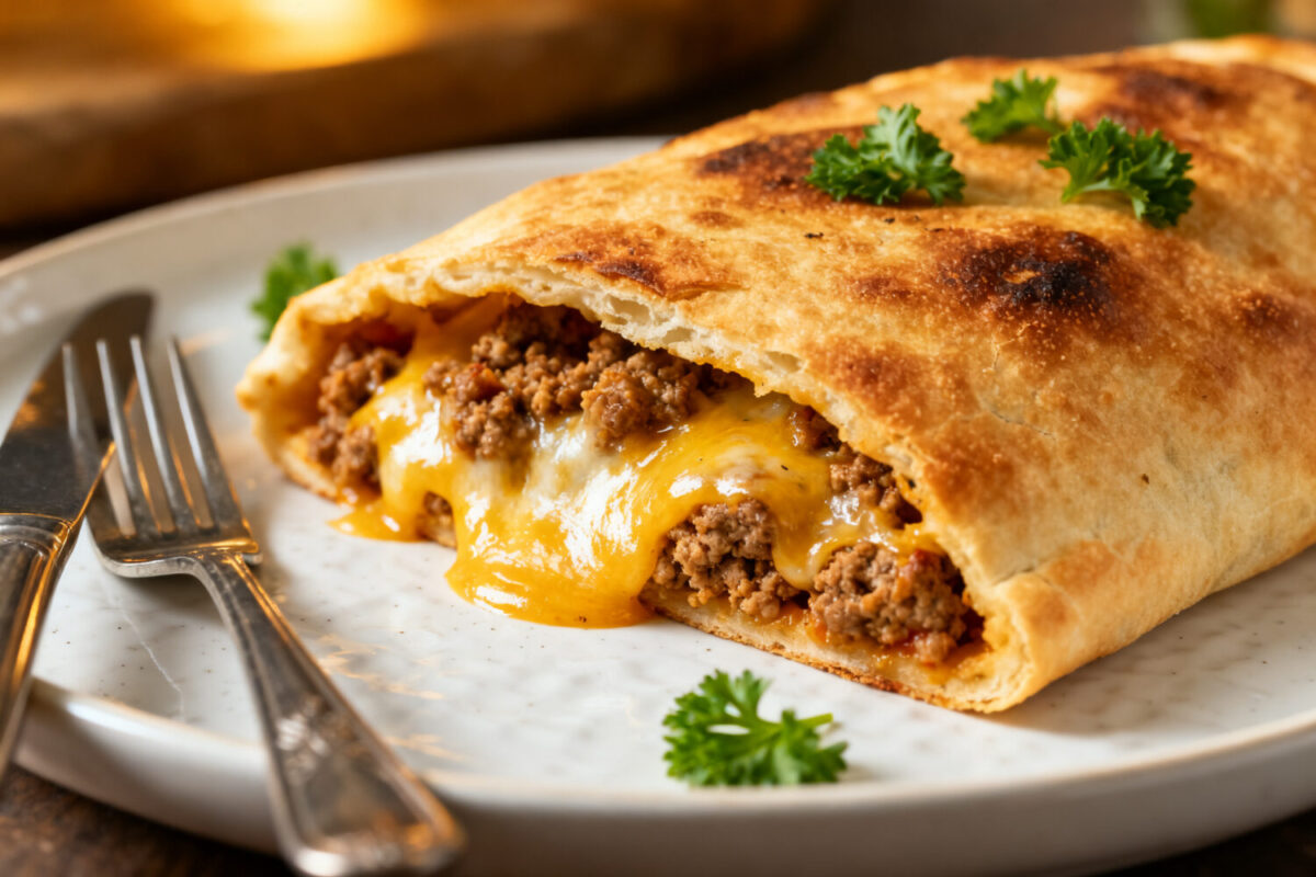 Air fryer ground chicken calzone with a crispy golden crust, seasoned ground chicken, gooey melted cheddar cheese, and fresh parsley, served as an easy homemade dinner.