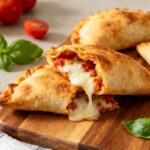 Air fryer pizza pockets with crispy golden pastry, gooey melted mozzarella cheese, rich pizza sauce, fresh basil, and cherry tomatoes, served as an easy homemade snack.