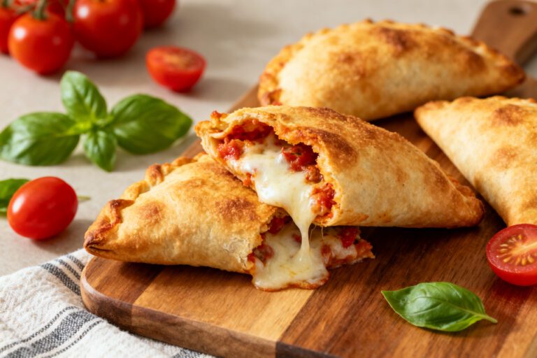 Air fryer pizza pockets with crispy golden pastry, gooey melted mozzarella cheese, rich pizza sauce, fresh basil, and cherry tomatoes, served as an easy homemade snack.