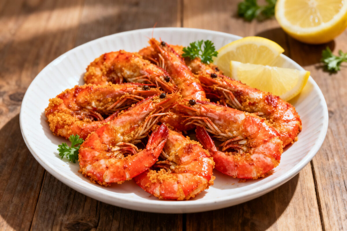 Air fryer Cajun shrimp with juicy shrimp coated in bold Cajun seasoning, fresh parsley, and lemon wedges, served as an easy spicy high protein seafood dinner.